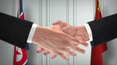 Kuzey Kore ve Çin Resmi İş Toplantısı. Diplomasi Animasyonu. Ortaklar Tokalaşması 4K