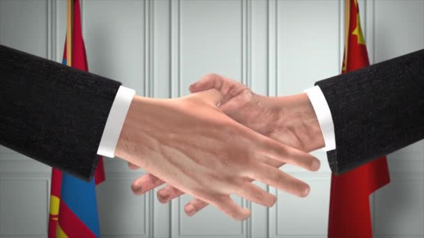 Spotkanie Biznesowe Przedstawicieli Mongolii Chin Dyplomacja Deal Animation Partnerzy Uścisk — Wideo stockowe