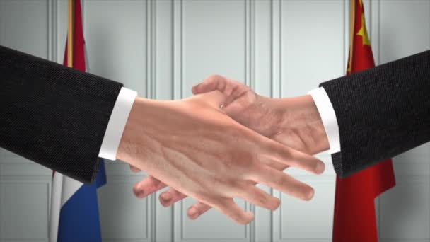 Nederland China Officials Business Meeting Diplomatie Deal Animatie Partners Handdruk — Stockvideo