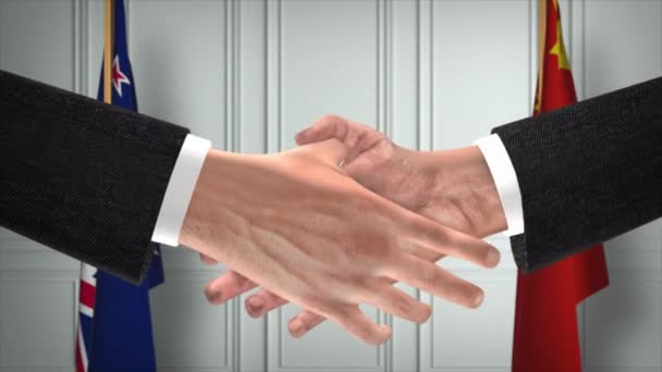 Reunión Negocios Funcionarios Nueva Zelanda China Diplomacy Deal Animation Socios — Vídeos de Stock
