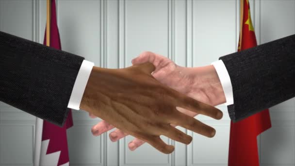 Reunião Negócios Funcionários Catar China Diplomacia Negociar Animação Parceiros Handshake — Vídeo de Stock