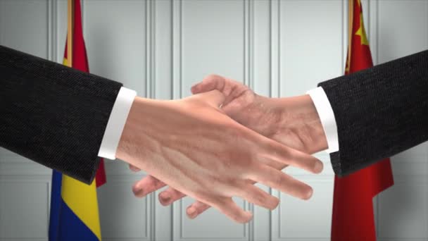 Romênia China Oficiais Reunião Negócios Diplomacia Negociar Animação Parceiros Handshake — Vídeo de Stock