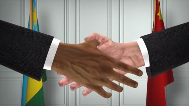 卢旺达与中国官员商务会议 外交交易动画 合作伙伴握手4K — 图库视频影像