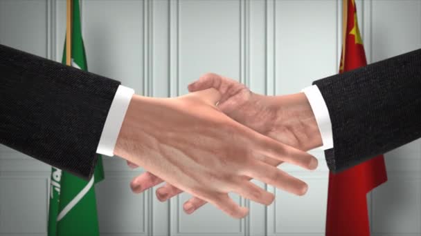 Saudiarabien Och Kina Tjänstemän Affärsmöte Diplomati Deal Animation Partners Handslag — Stockvideo