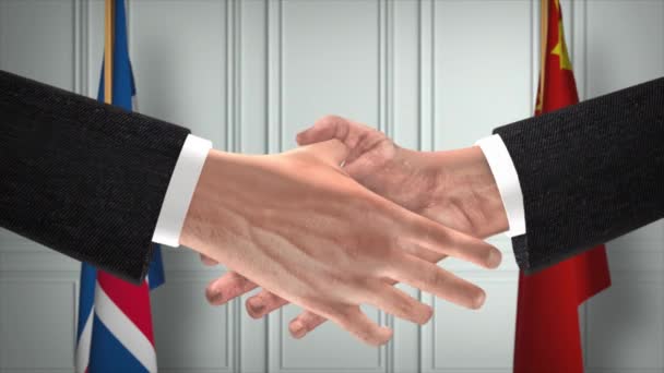 Spotkanie Biznesowe Przedstawicieli Islandii Chin Dyplomacja Deal Animation Partnerzy Uścisk — Wideo stockowe