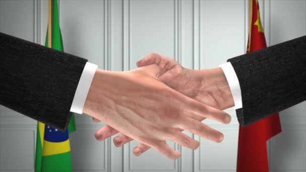 巴西与中国官员商务会议 外交交易动画 合作伙伴握手4K — 图库视频影像