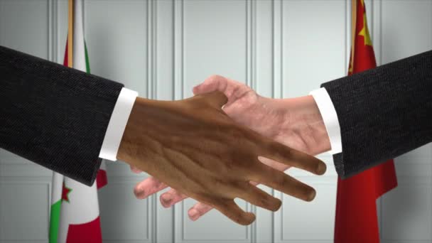 Burundi China Oficiais Reunião Negócios Diplomacia Negociar Animação Parceiros Handshake — Vídeo de Stock