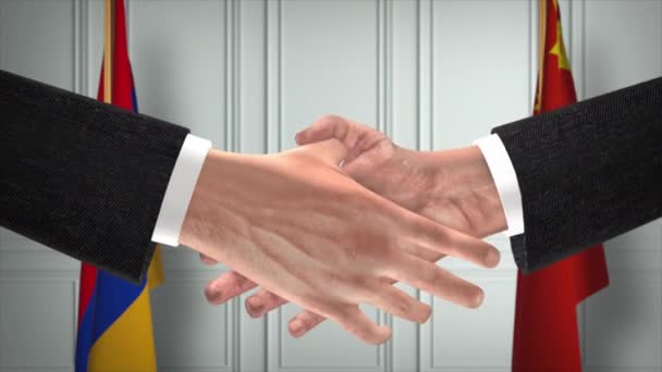 Armenien Och Kina Tjänstemän Affärsmöte Diplomati Deal Animation Partners Handslag — Stockvideo