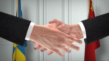 İsveç ve Çin Resmi İş Toplantısı. Diplomasi Animasyonu. Ortaklar Tokalaşması 4K