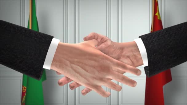 Turkmenistan China Officials Business Meeting Diplomacy Deal Animation Partners Handshake — Stock Video