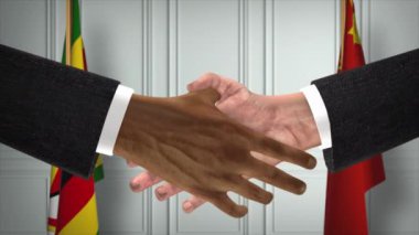 Zimbabwe ve Çin Resmi İş Toplantısı. Diplomasi Animasyonu. Ortaklar Tokalaşması 4K