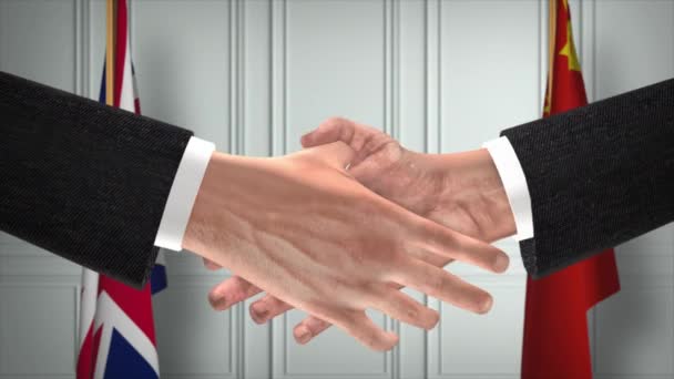 英中官员商务会议 外交交易动画 合作伙伴握手4K — 图库视频影像