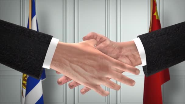 Уругвай Китайські Посадові Особи Ділові Збори Diplomacy Deal Animation Рукостискання — стокове відео