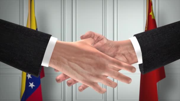 委内瑞拉与中国官员商务会议 外交交易动画 合作伙伴握手4K — 图库视频影像