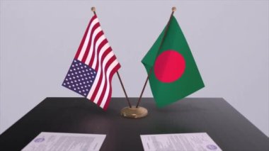 Bangladeş ve ABD müzakere masasında, diplomatik bir anlaşma. İş ve politika animasyonu. Ulusal bayraklar, diplomasi anlaşması. Kağıt belgeler masanın üstünde. Uluslararası anlaşma