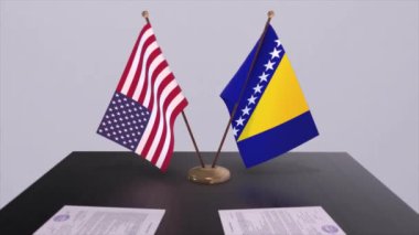 Bosna-Hersek ve ABD müzakere masasında, diplomatik bir anlaşma. İş ve politika animasyonu. Ulusal bayraklar, diplomasi anlaşması. Kağıt belgeler masanın üstünde. Uluslararası anlaşma