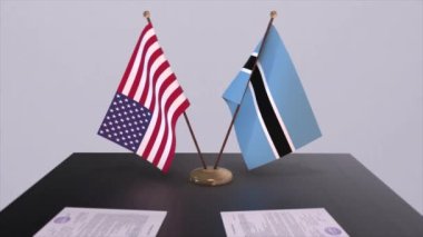 Botswana ve ABD müzakere masasında, diplomatik bir anlaşma. İş ve politika animasyonu. Ulusal bayraklar, diplomasi anlaşması. Kağıt belgeler masanın üstünde. Uluslararası anlaşma