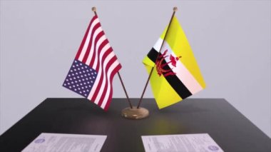 Brunei ve ABD müzakere masasında, diplomatik bir anlaşma. İş ve politika animasyonu. Ulusal bayraklar, diplomasi anlaşması. Kağıt belgeler masanın üstünde. Uluslararası anlaşma