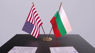 Bulgaristan ve ABD müzakere masasında, diplomatik bir anlaşma. İş ve politika animasyonu. Ulusal bayraklar, diplomasi anlaşması. Kağıt belgeler masanın üstünde. Uluslararası anlaşma