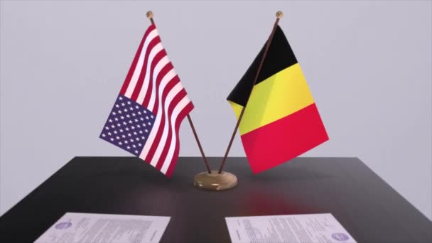 Belgia Usa Przy Stole Negocjacyjnym Umowa Dyplomatyczna Animacja Biznesu Polityki — Wideo stockowe