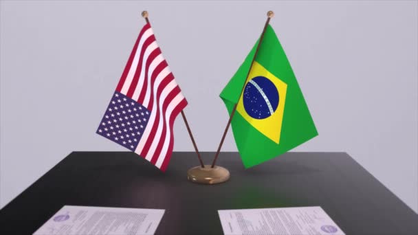 Brazilië Aan Onderhandelingstafel Een Diplomatieke Overeenkomst Zakelijke Politieke Animatie Nationale — Stockvideo