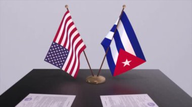 Küba ve ABD müzakere masasında, diplomatik bir anlaşma. İş ve politika animasyonu. Ulusal bayraklar, diplomasi anlaşması. Kağıt belgeler masanın üstünde. Uluslararası anlaşma