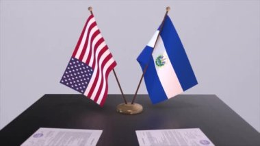 El Salvador ve ABD müzakere masasında, diplomatik bir anlaşma. İş ve politika animasyonu. Ulusal bayraklar, diplomasi anlaşması. Kağıt belgeler masanın üstünde. Uluslararası anlaşma