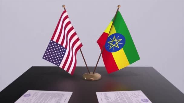 Эфиопия Сша Столом Переговоров Дипломатическая Сделка Деловая Политическая Анимация Государственные — стоковое видео