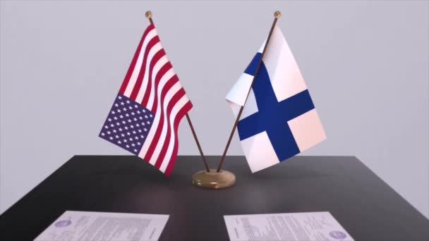 Finlandia Usa Przy Stole Negocjacyjnym Umowa Dyplomatyczna Animacja Biznesu Polityki — Wideo stockowe
