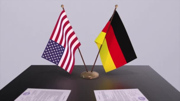 德国和美国在谈判桌上 达成了一项外交协议 商业和政治动画 外交交易 桌上的纸质文件 国际协定 — 图库视频影像