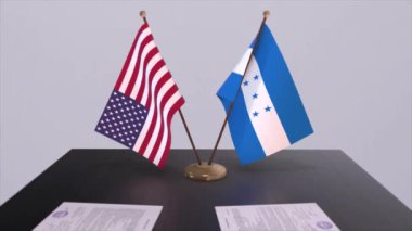 Honduras ve ABD müzakere masasında, diplomatik bir anlaşma. İş ve politika animasyonu. Ulusal bayraklar, diplomasi anlaşması. Kağıt belgeler masanın üstünde. Uluslararası anlaşma