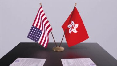 Hong Kong ve ABD müzakere masasında, diplomatik bir anlaşma. İş ve politika animasyonu. Ulusal bayraklar, diplomasi anlaşması. Kağıt belgeler masanın üstünde. Uluslararası anlaşma