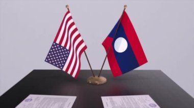 Laos ve ABD müzakere masasında, diplomatik bir anlaşma. İş ve politika animasyonu. Ulusal bayraklar, diplomasi anlaşması. Kağıt belgeler masanın üstünde. Uluslararası anlaşma