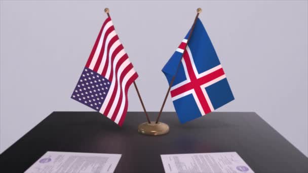 Islândia Eua Mesa Das Negociações Acordo Diplomático Animação Negócios Política — Vídeo de Stock