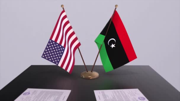 Libya Abd Müzakere Masasında Diplomatik Bir Anlaşma Politika Animasyonu Ulusal — Stok video