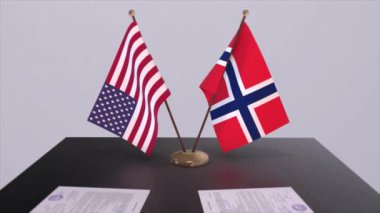 Norveç ve ABD müzakere masasında, diplomatik bir anlaşma. İş ve politika animasyonu. Ulusal bayraklar, diplomasi anlaşması. Kağıt belgeler masanın üstünde. Uluslararası anlaşma