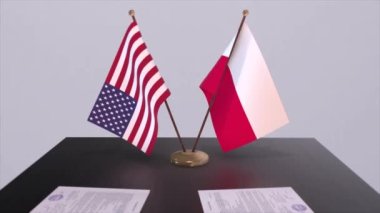 Polonya ve ABD müzakere masasında, diplomatik bir anlaşma. İş ve politika animasyonu. Ulusal bayraklar, diplomasi anlaşması. Kağıt belgeler masanın üstünde. Uluslararası anlaşma
