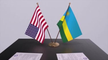 Ruanda ve ABD müzakere masasında, diplomatik bir anlaşma. İş ve politika animasyonu. Ulusal bayraklar, diplomasi anlaşması. Kağıt belgeler masanın üstünde. Uluslararası anlaşma