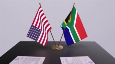 Güney Afrika ve ABD müzakere masasında, diplomatik bir anlaşma. İş ve politika animasyonu. Ulusal bayraklar, diplomasi anlaşması. Kağıt belgeler masanın üstünde. Uluslararası anlaşma