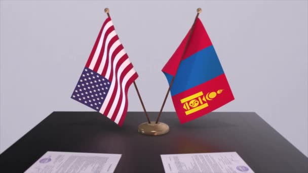 Mongolia Usa Przy Stole Negocjacyjnym Umowa Dyplomatyczna Animacja Biznesu Polityki — Wideo stockowe