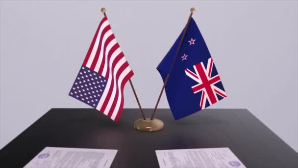 Zéland Usa Tárgyalóasztalnál Diplomáciai Megállapodás Üzleti Politikai Animáció Nemzeti Zászlók — Stock videók
