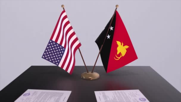 Papua Nová Guinea Usa Jednacího Stolu Diplomatická Dohoda Animace Obchodu — Stock video