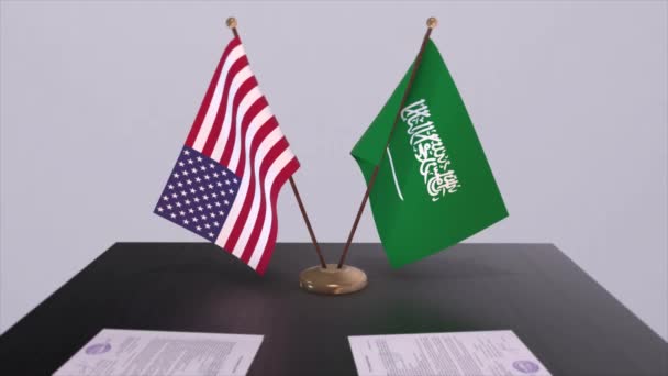 Szaúd Arábia Usa Tárgyalóasztalnál Diplomáciai Megállapodás Üzleti Politikai Animáció Nemzeti — Stock videók