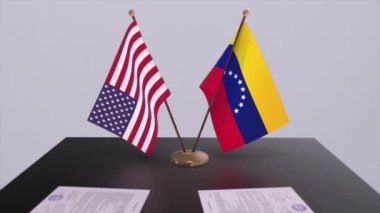 Venezuela ve ABD müzakere masasında, diplomatik bir anlaşma. İş ve politika animasyonu. Ulusal bayraklar, diplomasi anlaşması. Kağıt belgeler masanın üstünde. Uluslararası anlaşma