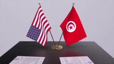 Tunus ve ABD müzakere masasında, diplomatik bir anlaşma. İş ve politika animasyonu. Ulusal bayraklar, diplomasi anlaşması. Kağıt belgeler masanın üstünde. Uluslararası anlaşma