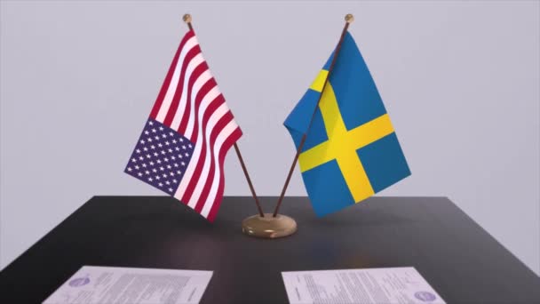 Svédország Usa Tárgyalóasztalnál Diplomáciai Megállapodás Üzleti Politikai Animáció Nemzeti Zászlók — Stock videók