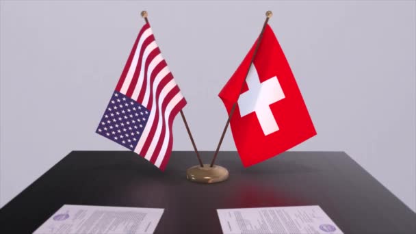 瑞士和美国在谈判桌上 达成了一项外交协议 商业和政治动画 外交交易 桌上的纸质文件 国际协定 — 图库视频影像