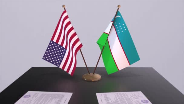 Uzbekistan Usa Tavolo Dei Negoziati Accordo Diplomatico Animazione Commerciale Politica — Video Stock