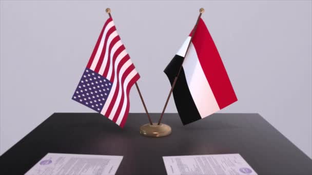 Yaman Dan Amerika Serikat Meja Perundingan Kesepakatan Diplomatik Animasi Bisnis — Stok Video