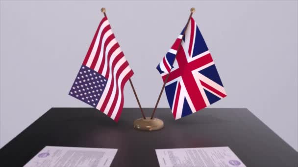 英国和美国在谈判桌上 达成了一项外交协议 商业和政治动画 外交交易 桌上的纸质文件 国际协定 — 图库视频影像